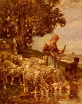 Charles Emile Jacque : A Shepardess Watering Her Flock